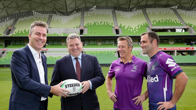 Storm owner and chairman Matt Tripp (left) is keen to help grow the game in Victoria, by bringing the NRL grand final to Melbourne. Picture: Ian Currie