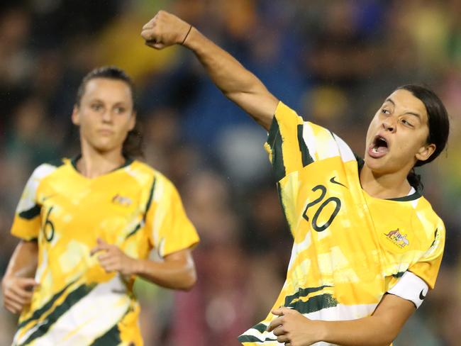 NEWCASTLE, AUSTRALIA - MARCH 06: Sam Kerr of the Australian Matildas celebrates a goal during the Women's Olympic Football Tournament Play-Off match between the Australian Matildas and Vietnam at McDonald Jones Stadium on March 06, 2020 in Newcastle, Australia. (Photo by Tony Feder/Getty Images)