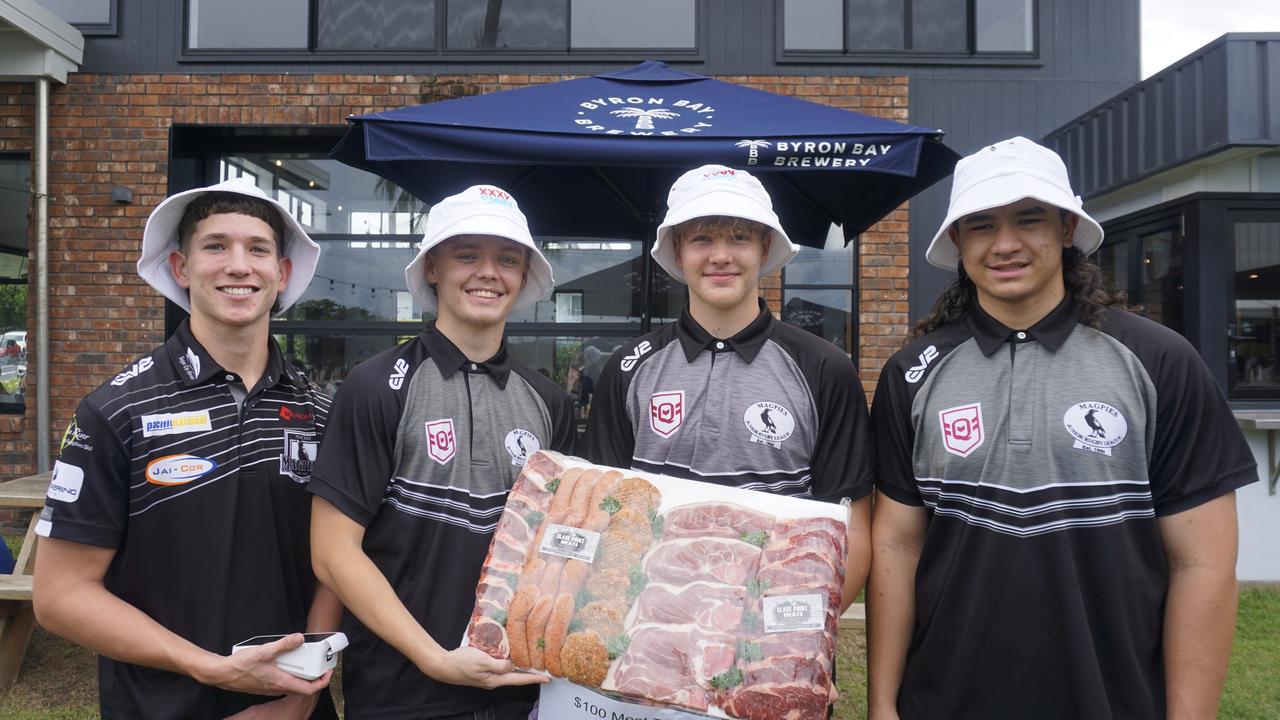Jamie Hansen, Keenan Bone, Cordae Johnson-Daniels and Jack Johns of the Magpies Junior Rugby League U17s celebrating Australia Day at the Seabreeze Hotel. Photo: Fergus Gregg. January 26, 2025.