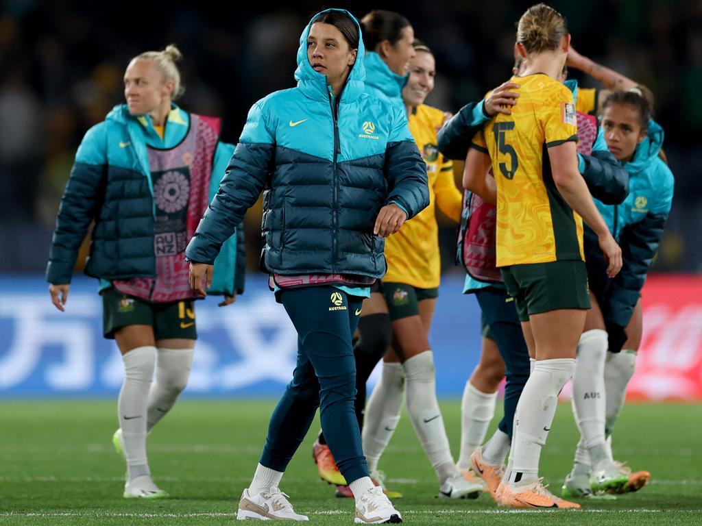 Sam Kerr walks on the field at Stadium Australia after her team's 1-0 victory over Ireland. She will also miss at least the next game, against Nigeria. Picture: Cameron Spencer/Getty Images