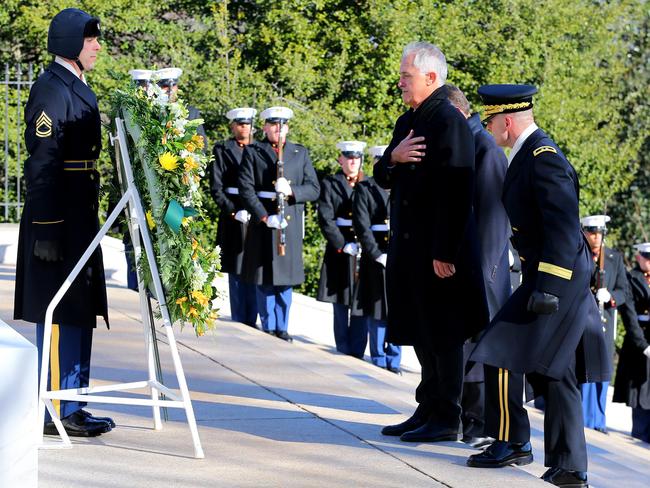 The PM laid a wreath in honour of fallen US soldiers. Picture: Nathan Edwards