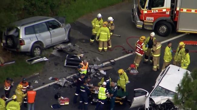 Emergency services at the scene of the Wamuran double fatal car crash. Picture: Channel 9