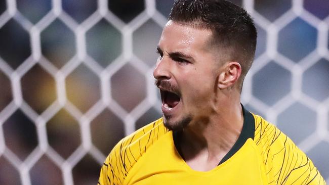 APAC Sports Pictures of the Week - 2019, October 14 - CANBERRA, AUSTRALIA - OCTOBER 10: Jamie Maclaren of the Socceroos celebrates scoring the last goal during the FIFA World Cup Qatar 2022 and AFC Asian Cup China 2023 Preliminary Joint Qualification Round 2 match between the Australian Socceroos and Nepal at GIO Stadium on October 10, 2019 in Canberra, Australia. (Photo by Matt King/Getty Images)