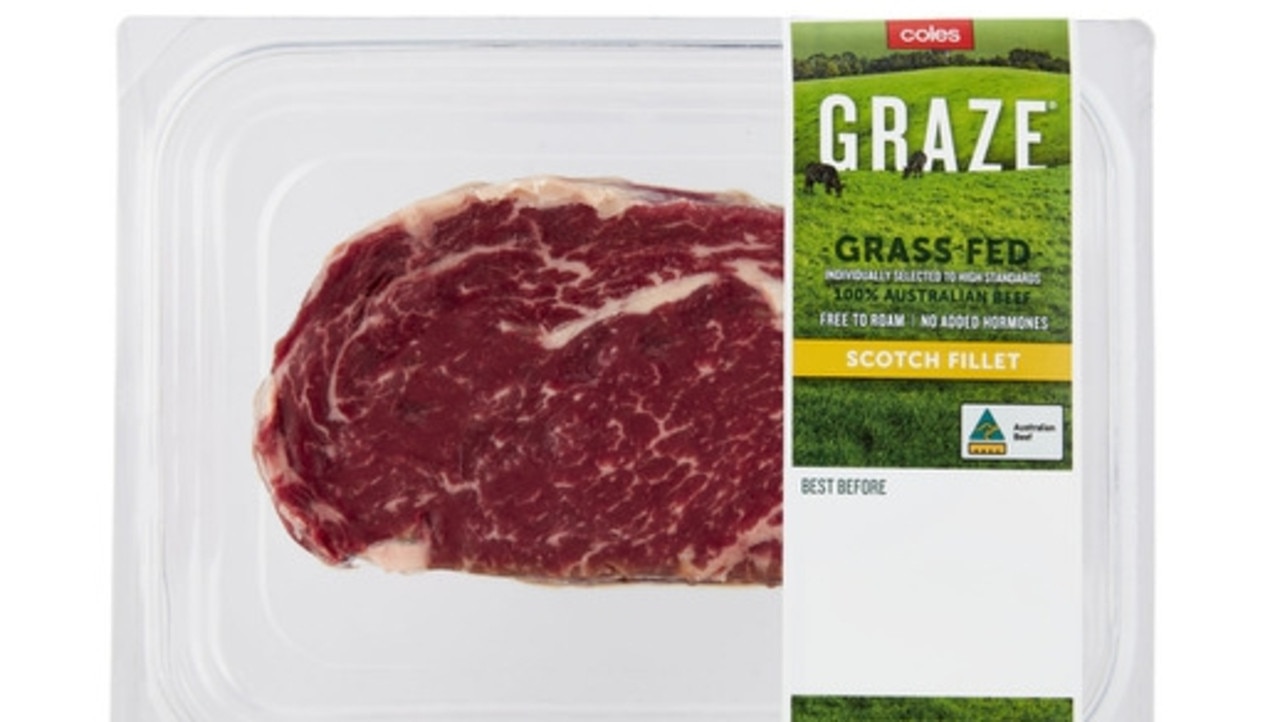 Coles Graze Grassfed brand scotch fillet steak.