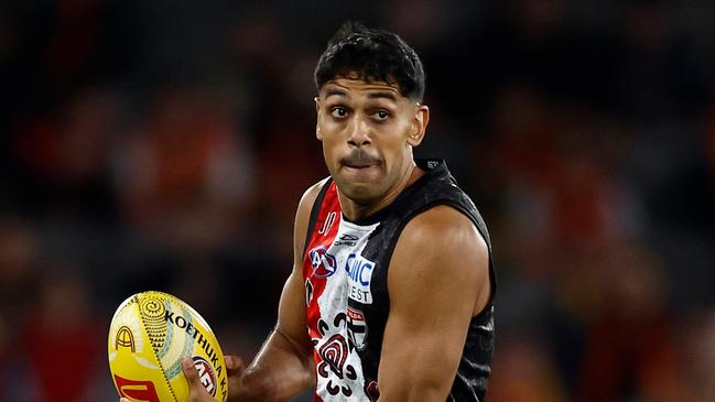 MELBOURNE, AUSTRALIA - MAY 25: Nasiah Wanganeen-Milera of the Saints in action during the 2025 AFL Round 11 match between Euro-Yroke (St Kilda Saints) and the Gold Coast Suns at Marvel Stadium on May 25, 2025 in Melbourne, Australia. (Photo by Michael Willson/AFL Photos via Getty Images)