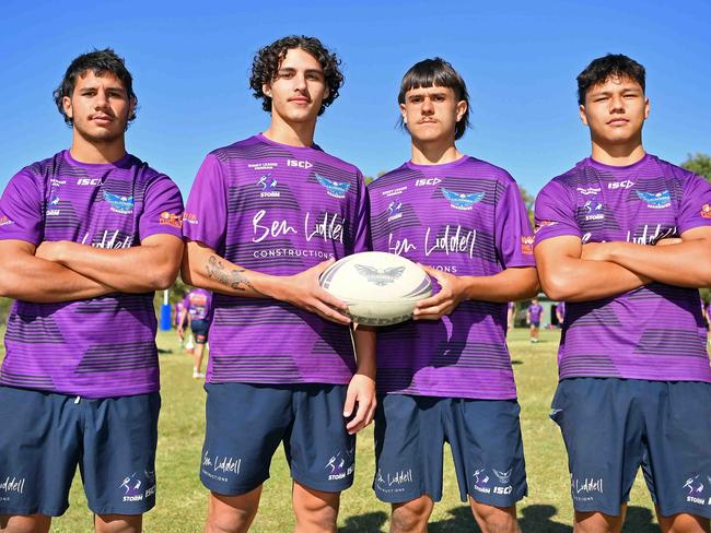 Caloundra State High School rugby league team. Open: Tyrell Hopkins, Tully McLellan, Jack Philp and Jaelym Hohaia. Picture: Patrick Woods.