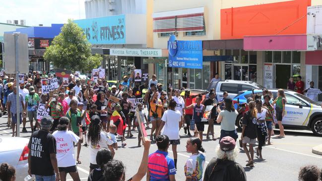 Indigenous protesters march through the streets of Mareeba in response to Aubrey Donahue being shot by police on Saturday, March 25. Picture: Peter Carruthers