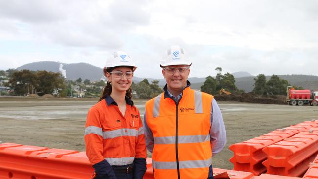 TasWater site engineer Sarah Dall'Alba and General manager project delivery Tony Willmot at the Selfs Point site. Picture: Elise Kaine