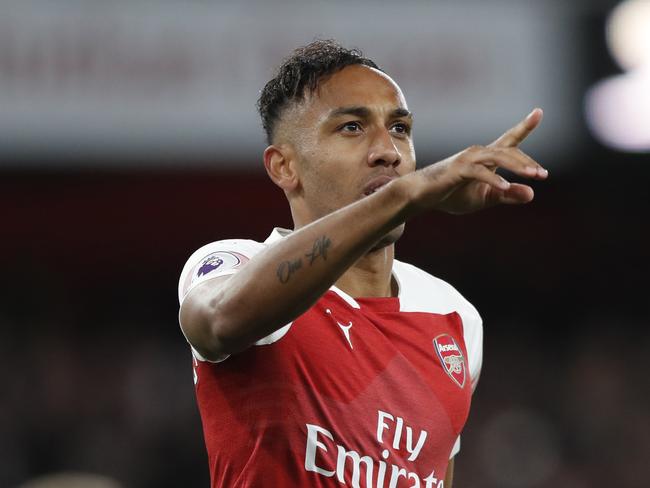 Arsenal's Pierre-Emerick Aubameyang celebrates after scoring his side's second goal of the game during the English Premier League soccer match between Arsenal and Leicester City at the Emirates stadium in London, Monday, Oct. 22, 2018. (AP Photo/Alastair Grant)