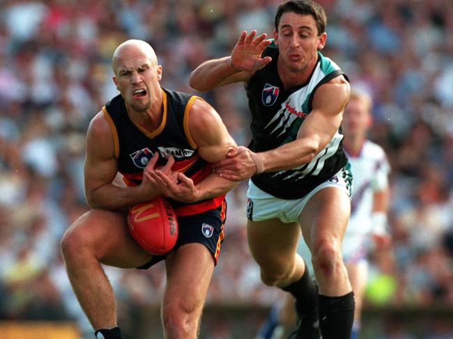SHOWDOWN 1  20/04/1997 PIRATE: Footballer Darren Mead (r) with Nigel Smart. AFL football - Adelaide Crows vs Port Adelaide Power first derby showdown match at Football Park. a/ct /Football/AFL Picture: Hillyard Phil