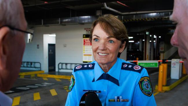 NSW Police Commissioner Karen Webb talking to the media after an interview with Ray Hadley on 2GB. Picture: Justin Lloyd.