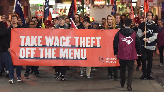 Hospo Voice union members staged a march from Straight Outta Saigon to Hochi Mama to protest wage theft. Picture: Tony Gough