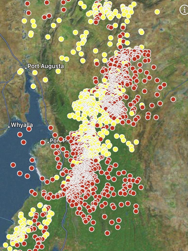 The lightning tracker shows a concentration of strikes in the state’s Mid North overnight on Sunday and Monday.