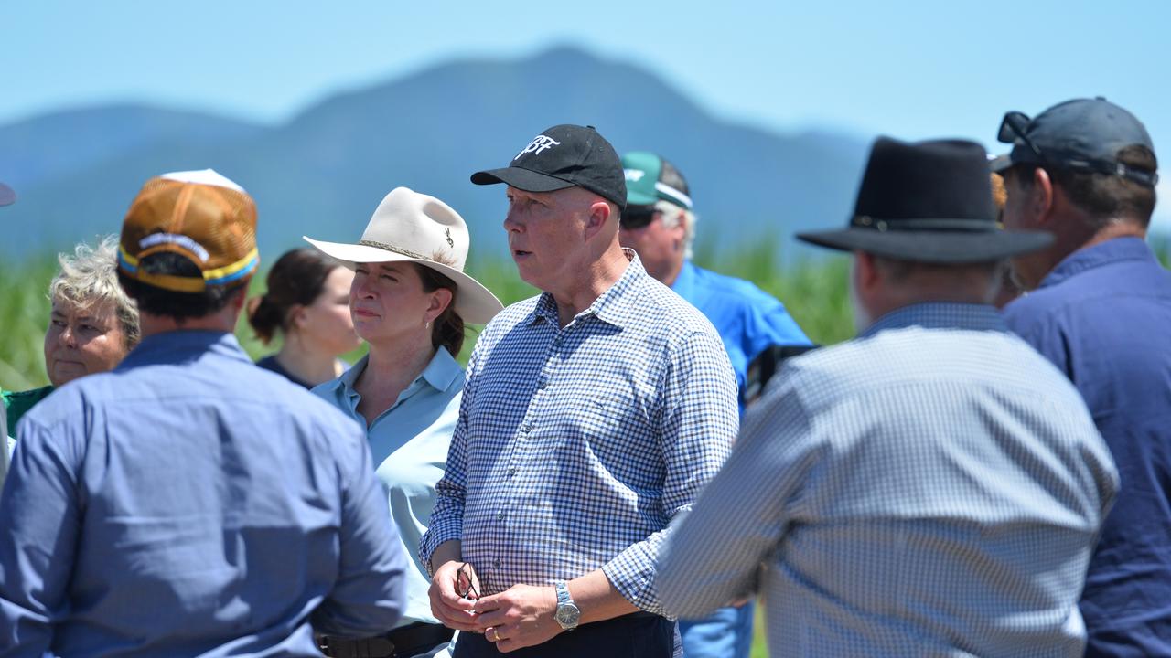 LNP Opposition leader Peter Dutton on the ground in Ingham today along with the Qld Premier David Crisafulli and Senator Susan McDonald. They visited the Hinchinbrook council disaster centre, a local business and then on to a cane farm.