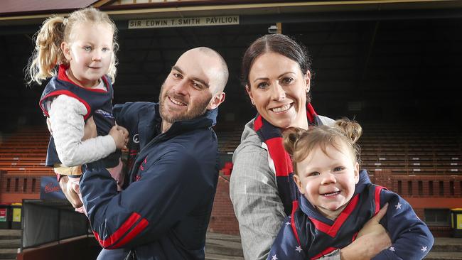 New Falcons coach Jace Bode with wife Natalie and daughters Maddie and Milla at Norwood Oval. Picture: Sarah Reed