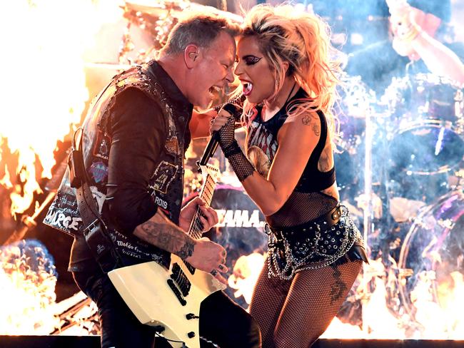 James Hetfield of music group Metallica and Lady Gaga perform onstage during The 59th GRAMMY Awards at STAPLES Center on February 12, 2017 in Los Angeles, California. Picture: Getty
