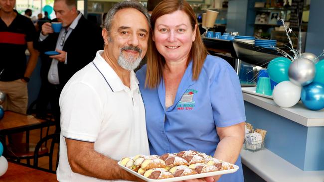 Joe and Sandra Marchetta celebrate 30 years of their family pastry shop business, Pasticceria Via Reggio in Blacktown, with a platter of their famous cannoli. Picture: Angelo Velardo