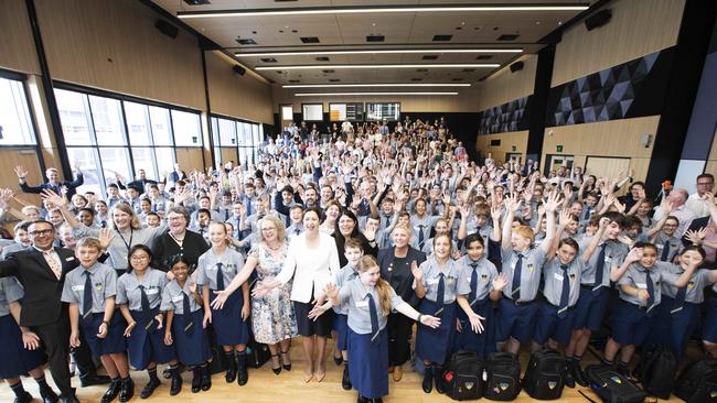 All students with parents, school staff and Premier of Queensland Annastacia Palaszczuk. First day at Fortitude Valley State Secondary College. 585 St Paul's Terrace and Brookes St, Fortitude Valley, Brisbane, 28th of January 2020. (AAP Image/Attila Csaszar)