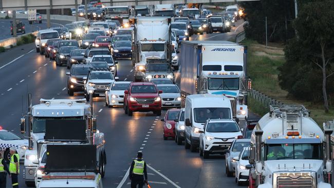 A pedestrian has been killed in the horror crash on the Princes Fwy at Laverton this morning. Picture: David Crosling