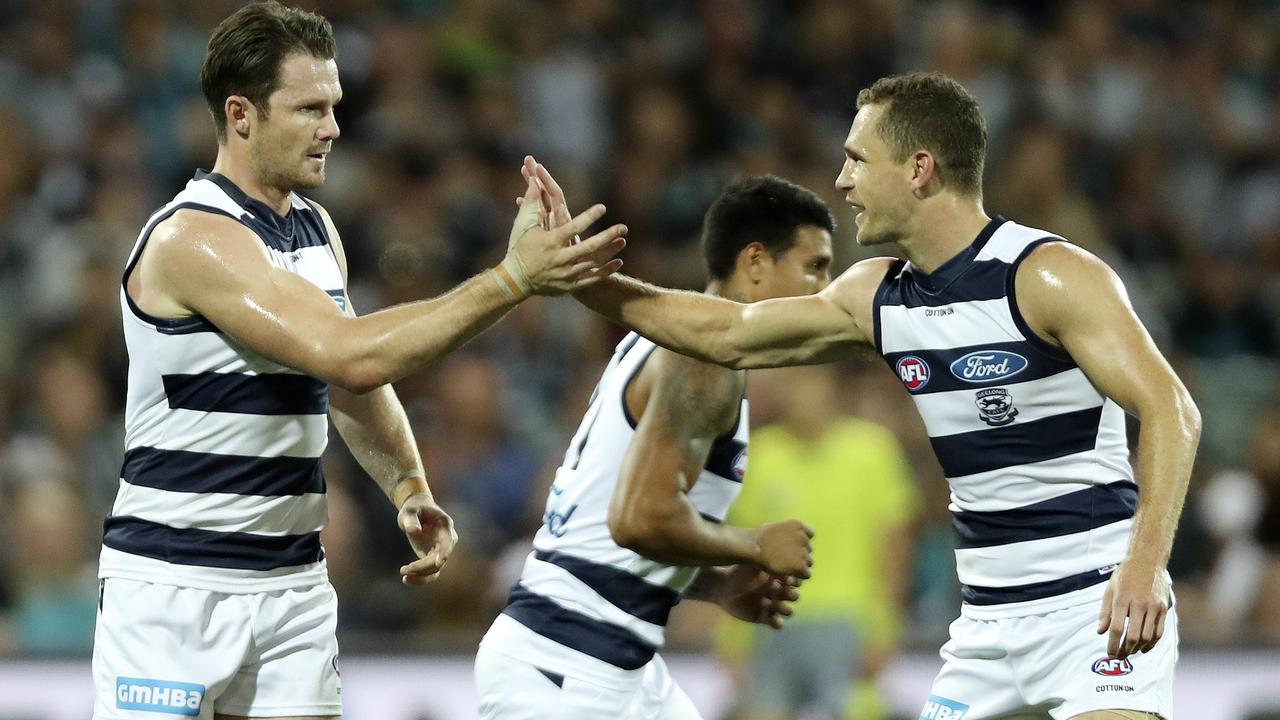 Patrick Dangerfield celebrates his goal with Joel Selwood. Picture: Sarah Reed