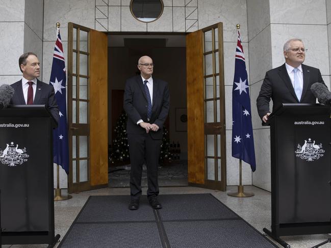 Prime Minister Scott Morrison (right) with Greg Hunt (left) and Professor John Skerritt. Picture: Gary Ramage