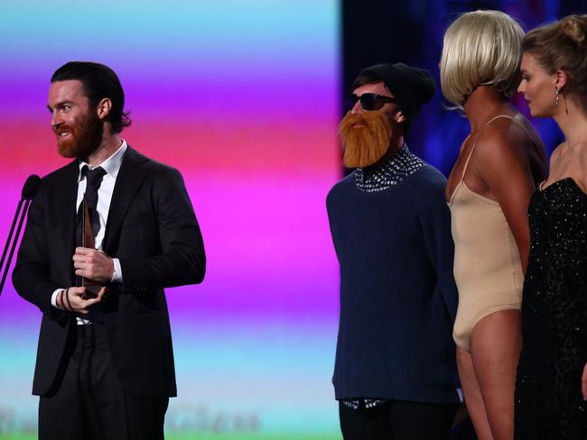Two gongs...Chet Faker accepting his first award for the night for Best Independent Release. Picture: Ryan Pierse/Getty Images