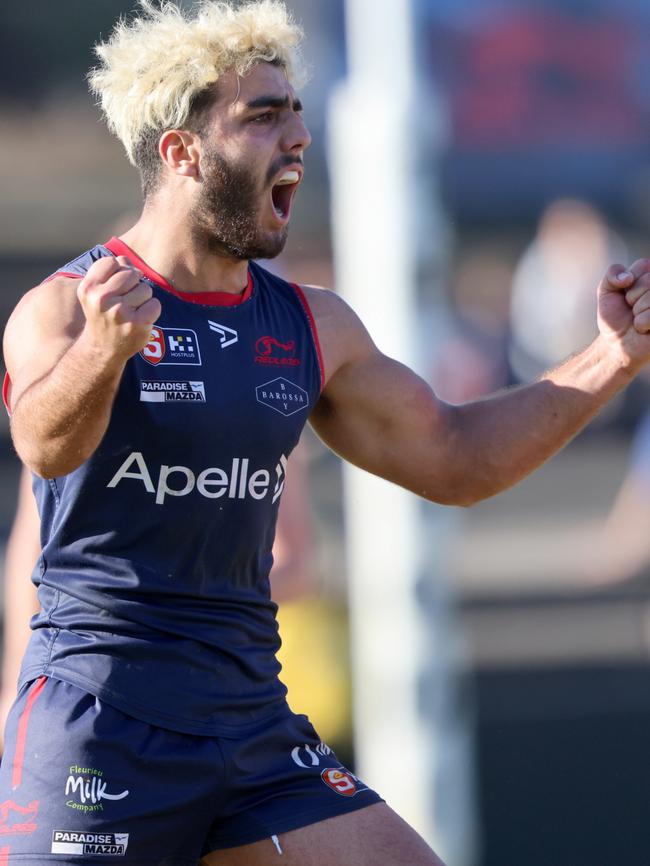 Norwood’s Xavier Tranfa celebrates a goal in the crucial win against Adelaide. Picture: Cory Sutton/SANFL.