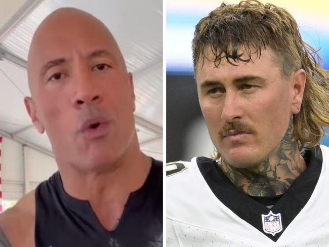 Dwayne "The Rock" Johnson (left) and NFL punter for New Orleans, Louis Hedley (right)