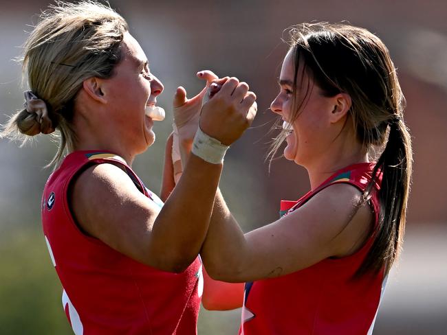 Old Scotch’s Lucy Morley and Abbie Connor during the VAFA Premier Women semi-final between Old Scotch and Collegians. Picture: Andy Brownbill