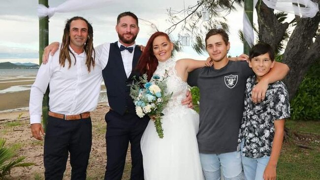 Bailey Pini, far right, with his brother Kalib Pini, brother-in-law Luke Jackson, sister Troydon Pini, and brother Jerricho Pini on Troydon’s wedding day. Picture: Supplied