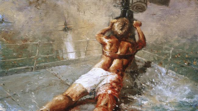 Dale Marsh's painting of Teddy Sheean, who lashed himself to his gun and fired until the HMAS Armadale sank. He gave others time to get away. Picture: Australian War Memorial.