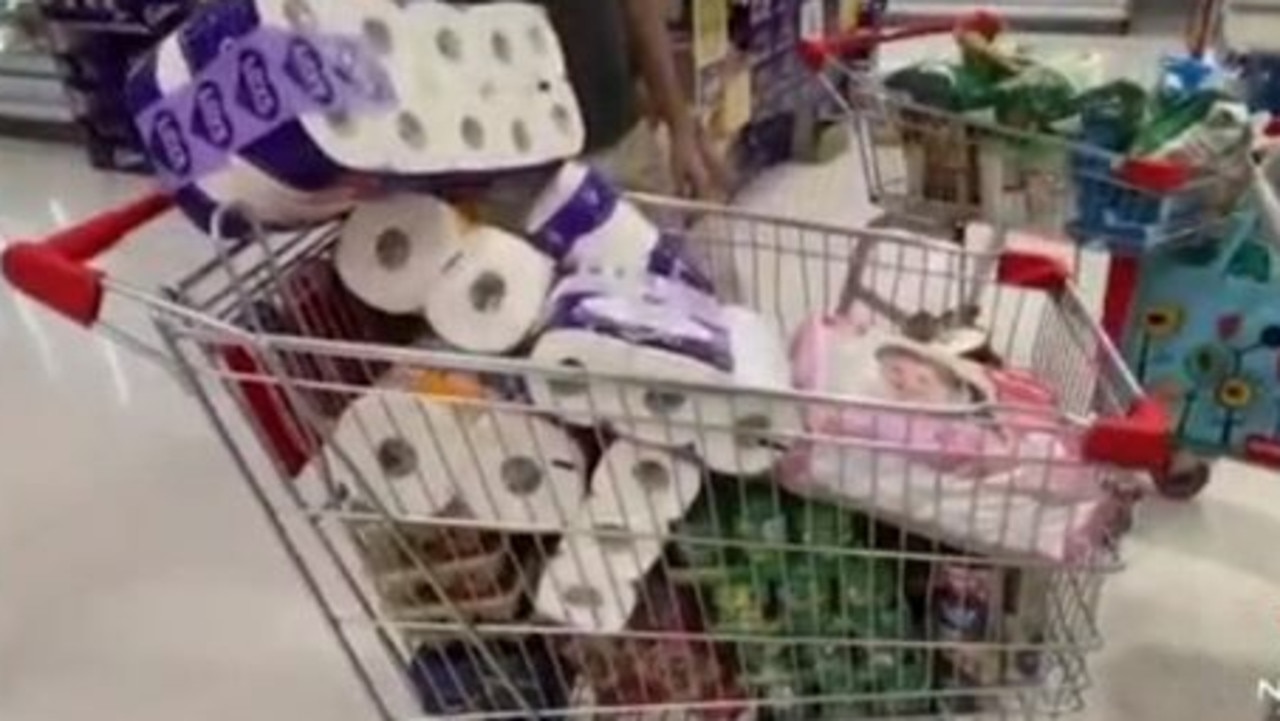 Toilet paper, crammed into a Perth shopper's trolley, is being stockpiled by people panicked by the coronavirus. Picture: Seven News