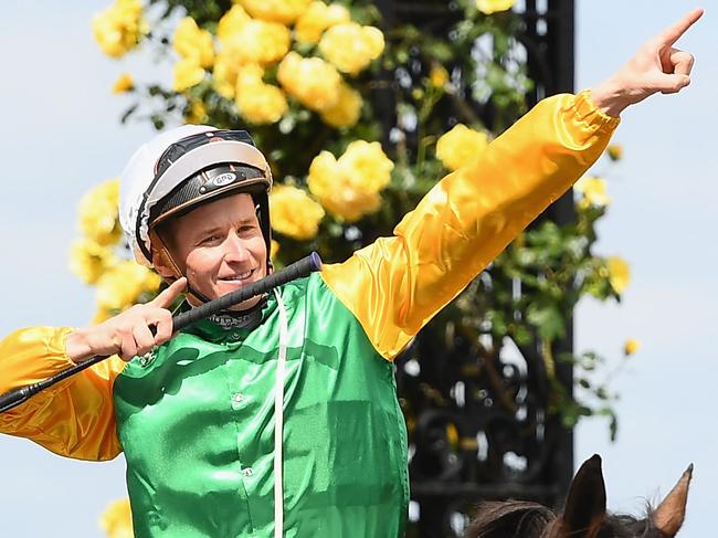 MELBOURNE, AUSTRALIA - NOVEMBER 03:   James McDonald riding Shillelagh returns to scale after winning the Empire Rose Stakes during Derby Day at Flemington Racecourse on November 3, 2018 in Melbourne, Australia.  (Photo by Quinn Rooney/Getty Images)