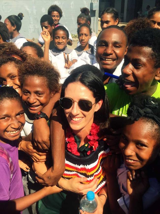 Karlee Quinn at a Papua New Guinea school as part of her tour with the Prime Minister’s XIII match in 2018. Picture supplied. 