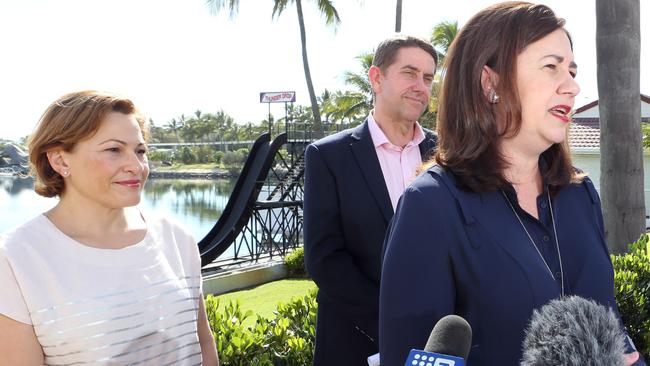 Premier Annastacia Palaszczuk (centre) speaking to media at Sea World with Deputy Premier Jackie Trad and Infrastructure Minister Cameron Dick (left). Photo by Richard Gosling