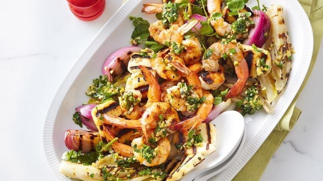 Barbecued prawns with salsa verde. Picture: Taste.com.au