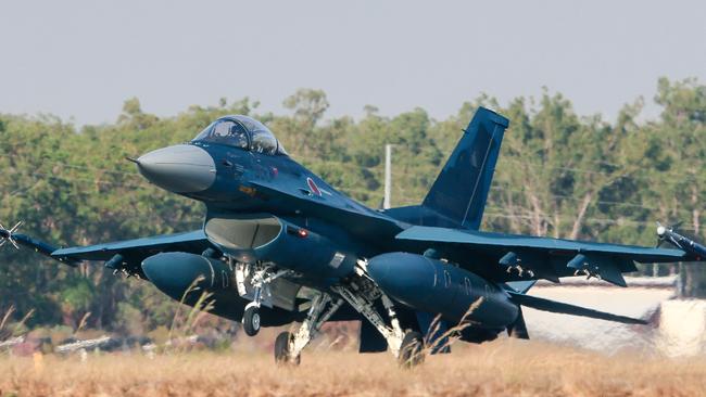 German Luftwaffe Euro Fighters and Japanese Mitsubishi F2s arrive in Darwin for Operation Pitch Black. Picture: Glenn Campbell/NCA Newswire