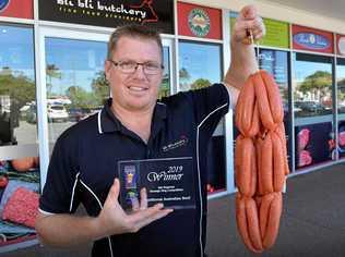 REJOICE: Owner, Andrew Gleeson, of Bli Bli Butchery took out the 2019 Queensland Regional Sausage King Competition Award of first prize. Picture: Patrick Woods