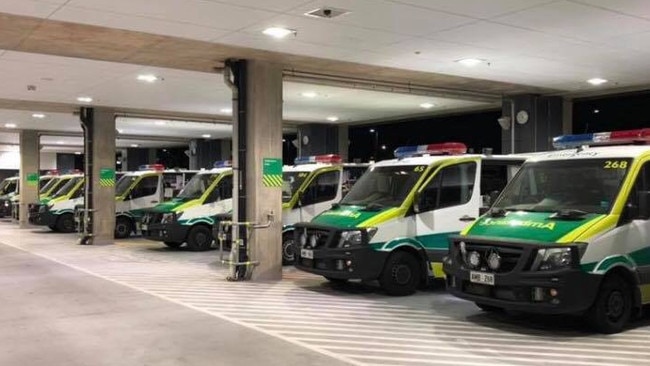 Ambulance ramping — waiting to discharge their patients — at the Royal Adelaide Hospital. Picture: Ambulance Employees Association Facebook page