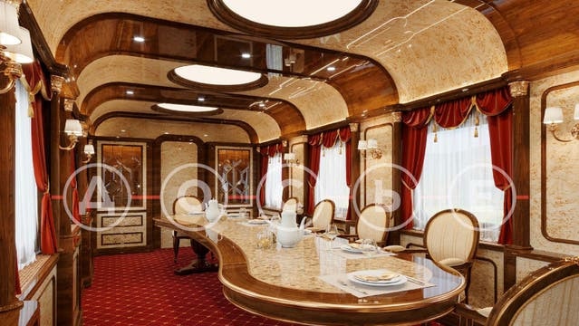 A dining car is lavishly furnished in red and gold. Picture: The Dossier Centre.