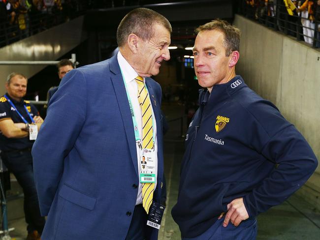 MELBOURNE, AUSTRALIA - JULY 22:  Hawks head coach Alastair Clarkson (R) celebrates the win with Hawks President Jeff Kennett during the round 18 AFL match between the Carlton Blues and the Hawthorn Hawks at Etihad Stadium on July 22, 2018 in Melbourne, Australia.  (Photo by Michael Dodge/Getty Images)