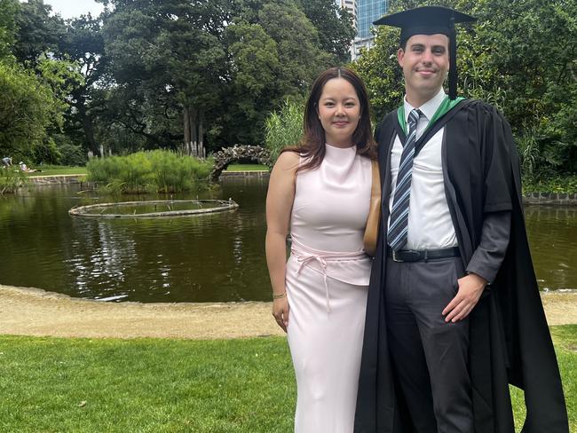 Dr Emma Pham (Doctor of Dental Surgery) and Max Burrows (Master of Instructional Leadership) at the University of Melbourne graduations held at the Royal Exhibition Building on Saturday, December 14, 2024. Picture: Jack Colantuono