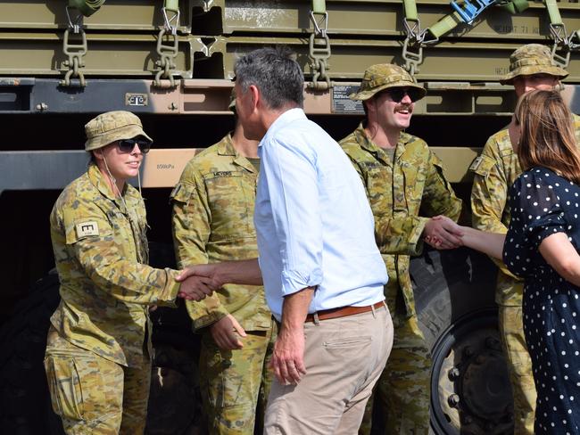 Deputy Prime Minister and Minister of Defence Richard Marles and Senator Nita Green meets with Sappers from the 3rd Combat Engineer Regiment (3CER) on a visit to RAAF Base Townsville to meet the aviators and soldiers who assisted North Queensland during the 2025 floods (18/02/2025)