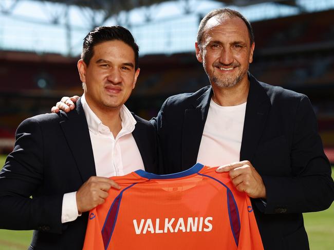 BRISBANE, AUSTRALIA - MAY 07: Roar head coach, Michael Valkanis (R) poses with Roar CEO Kaz Patafta during a Brisbane Roar A-League media opportunity at Suncorp Stadium on May 07, 2025 in Brisbane, Australia. (Photo by Chris Hyde/Getty Images)