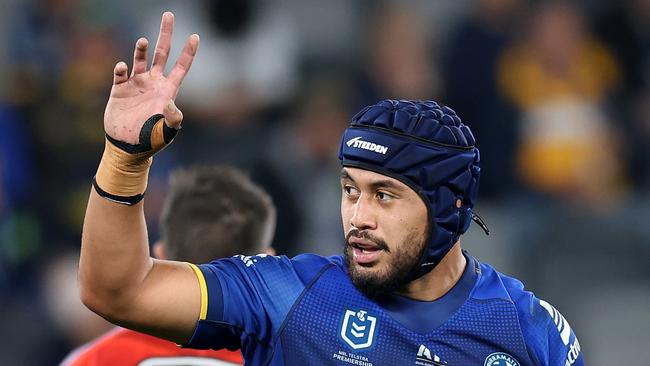 SYDNEY, AUSTRALIA - JUNE 15: Kelma Tuilagi of the Eels gestures towards team mates after being sent to the sin-bin by referee Chris Butler during the round 15 NRL match between Parramatta Eels and Sydney Roosters at CommBank Stadium, on June 15, 2024, in Sydney, Australia. (Photo by Brendon Thorne/Getty Images)