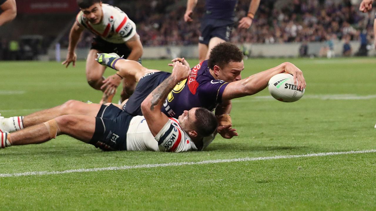 *APAC Sports Pictures of the Week - 2023, September 18* - MELBOURNE, AUSTRALIA - SEPTEMBER 15: Will Warbrick of the Storm scores a try during the NRL Semi Final match between Melbourne Storm and the Sydney Roosters at AAMI Park on September 15, 2023 in Melbourne, Australia. (Photo by Kelly Defina/Getty Images)