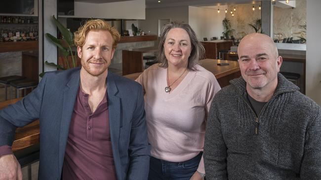 Queens Head Hotel reopening – co-owners Nick Sallmann, Caroline Wykamp and Simon Kanan. Not pictured Cameron McCulloch. Picture: Caroline Tan