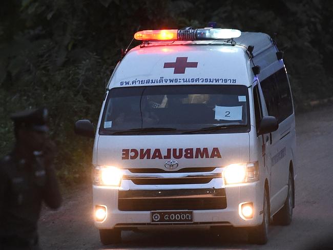 An ambulance exits from the Tham Luang cave area after another four boys were rescued. Picture: AFP