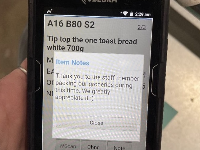 Woolies worker floored by customer’s note