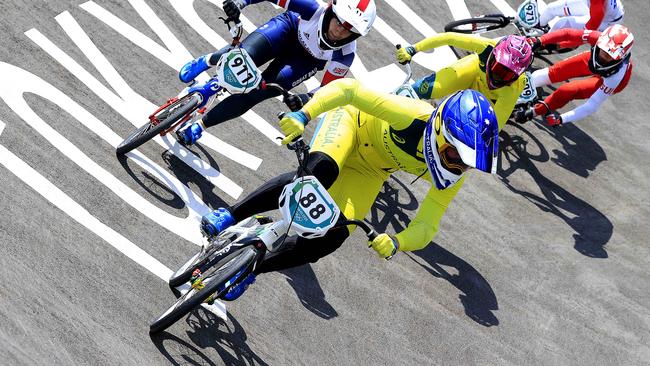 Australia's Lauren Reynolds and Saya Sakakibara (front no88) in action during the heats of the BMX Racing at Ariake Sports Park at the Tokyo 2020 Olympic Games. Pics Adam Head